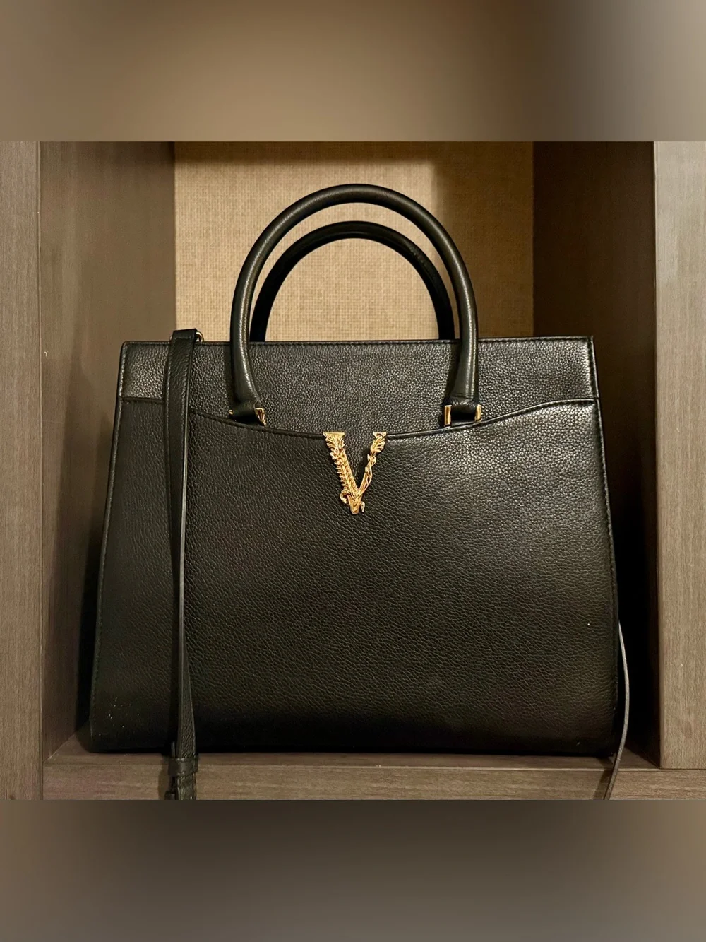 Versace Black Pebbled 100% Buttery Soft Lambskin Leather Crossbody Tote Bag